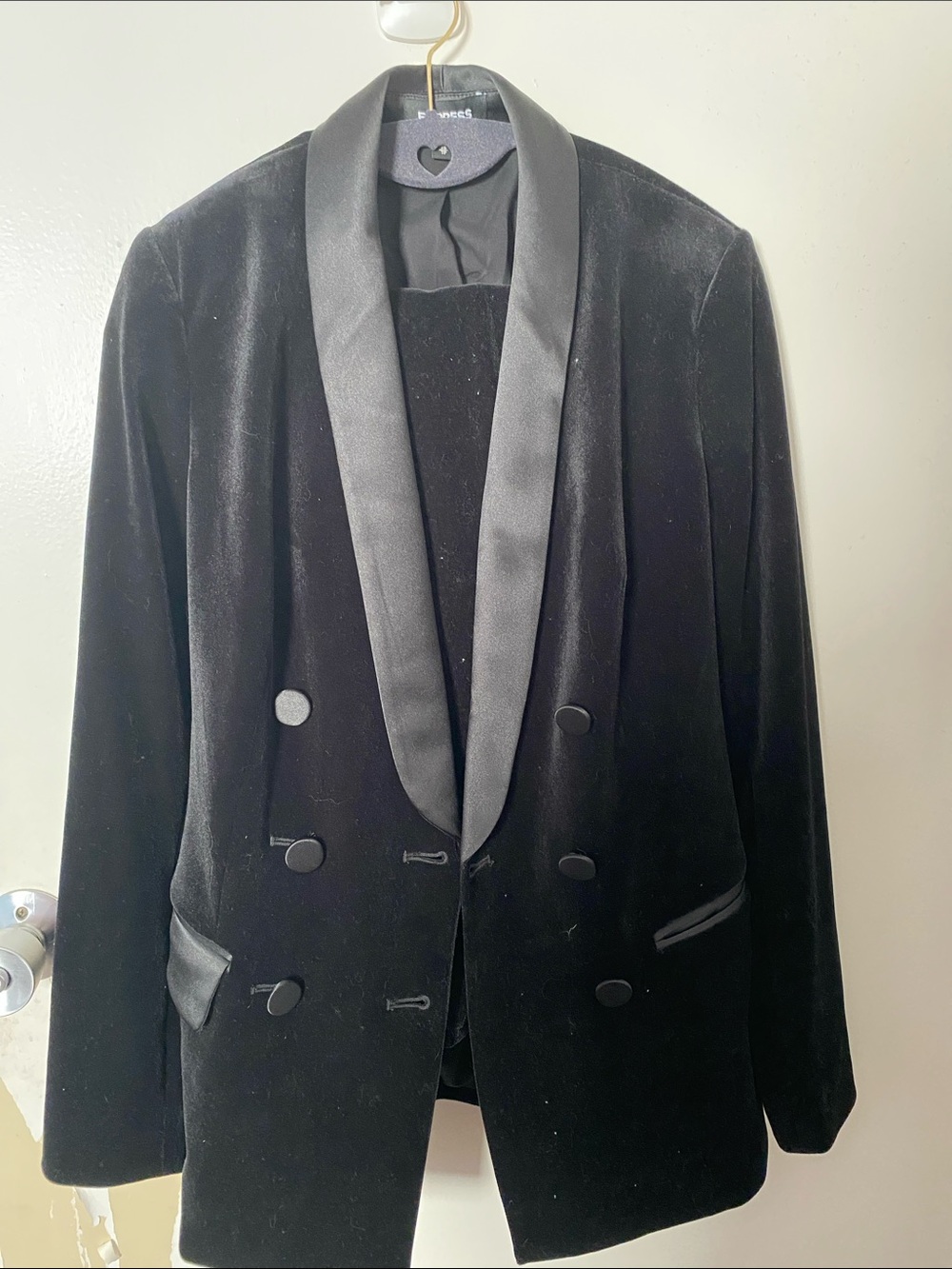 Female Express Black Velvet Double-Breasted Tuxedo Blazer with Satin Shawl Lapel
